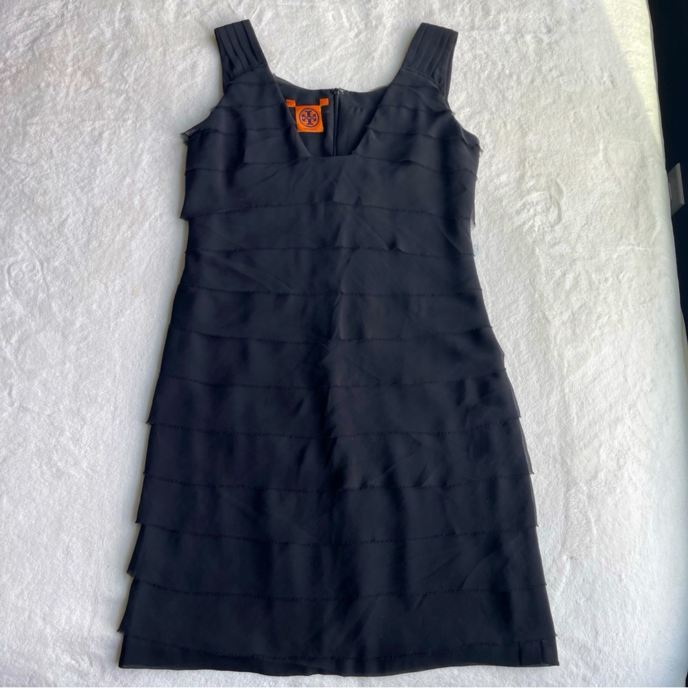 Tory Burch Black Chiffon Ruffle Tier Dress Raw Edge